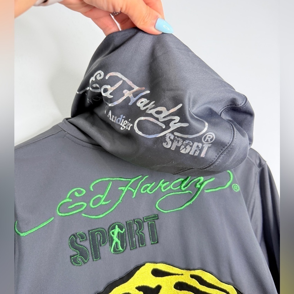 Ed Hardy Sport Men’s Gray Hooded Zip Up Jacket (L) - Picture 6 of 9